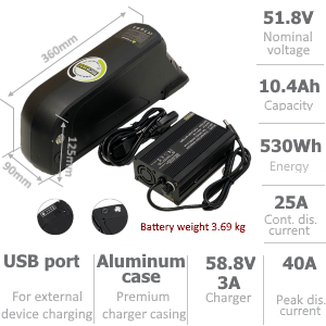 Li-ION battery 48V 10.4Ah with 3A charger and accessories