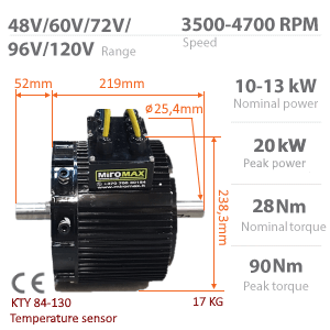 BLDC / PMSM мотор HPM-10KW | Double-shafted | - Номинальная мощность 10kW~13kW | 13,4AG~17,4AG |  650cm3