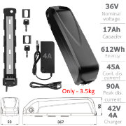 Li-ION battery 36V 17Ah with 4A charger and accessories